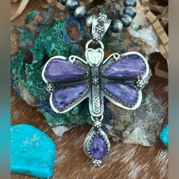 Charoite statement southwestern sterling silver pendant - Picture 3 of 7